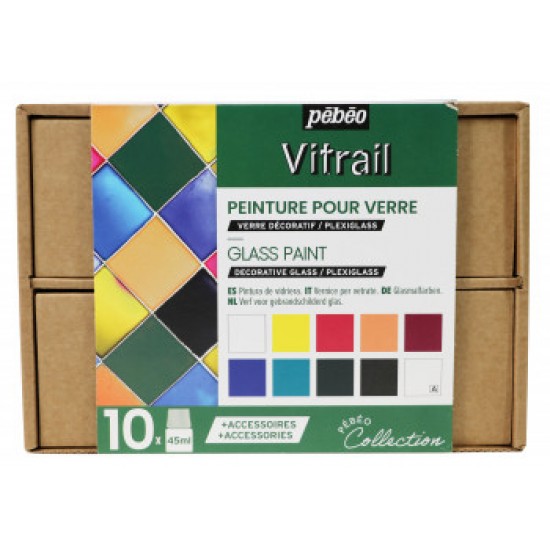 Pebeo Vitrail Glass Painting Collection Set 10 x 45ml Solvent Based Paint 758421